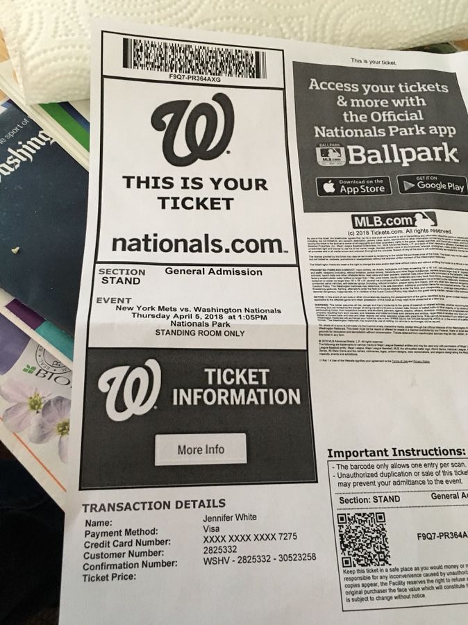 One Nationals opening day standing room only ticket