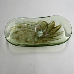 Vintage Green Art Glass Oval Dish 11” Swirl Design Mid Century Decor