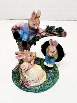 Vintage Easter Rabbit Trio Around Tree with Tire Swing Resin Figurine