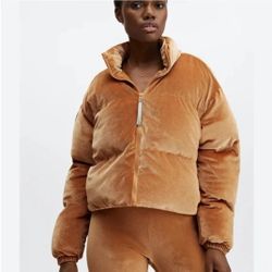 Fabletics Wander Velour Cropped Puffer Jacket in Light Honey