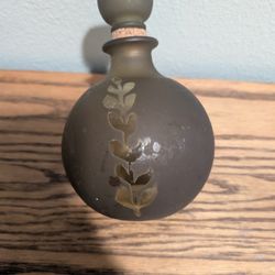 Antique Olive Green Hand Blown Round Decanter With Cork And Glass Stopper