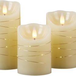 CozierGlow Set of 3 3D Moving Flame Pillar Candles with Remote Ivory with Gold