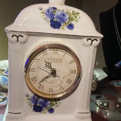 Formalities Mantle Carriage Clock Blue Rose Porcelain Collectable 7”Quartz