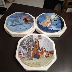 "NEW " Set Of 3 Walt Disney's "Lady And The Tramp" Knowles Fine China Collector's Plate Series W/Certificate Of Authenticity, Limited Edition 