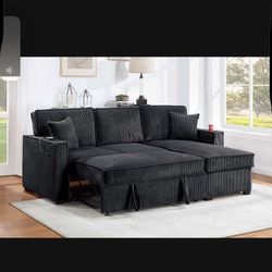 New Black Convertible Sectional Sofa And Storage Chaise Set Sofa Bed Sofabed Adjustable Fabric Couch Modern Sleeper USB Charging Port Cup Holder SALE