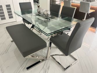 Glass Top Dining Table with Chairs and Bench
