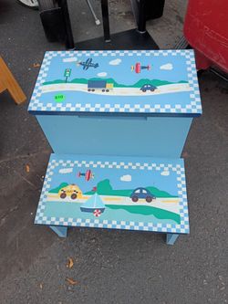 Boy's wooden step stool with storage