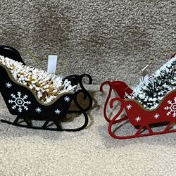 Wondershop set of 2 Metal Sleigh ornaments with Christmas tree black red New