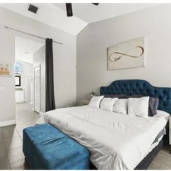 Bedroom Set : Headboard , Chest Ad Footboard , Matching Ottoman and Chair For Sitting Area 