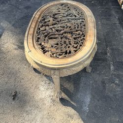 Hand-Carved Vintage Asian Oval Coffee Table – Solid Wood, Intricate Relief Design