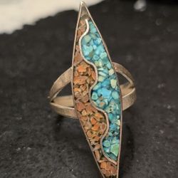 Vintage Navajo Sterling Silver Old Pawn Turquoise And Coral Chip Inlay Ring Size 5