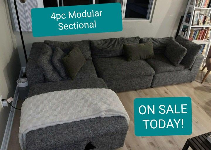 Gray Modular Sectional Sofa Couch With Ottoman