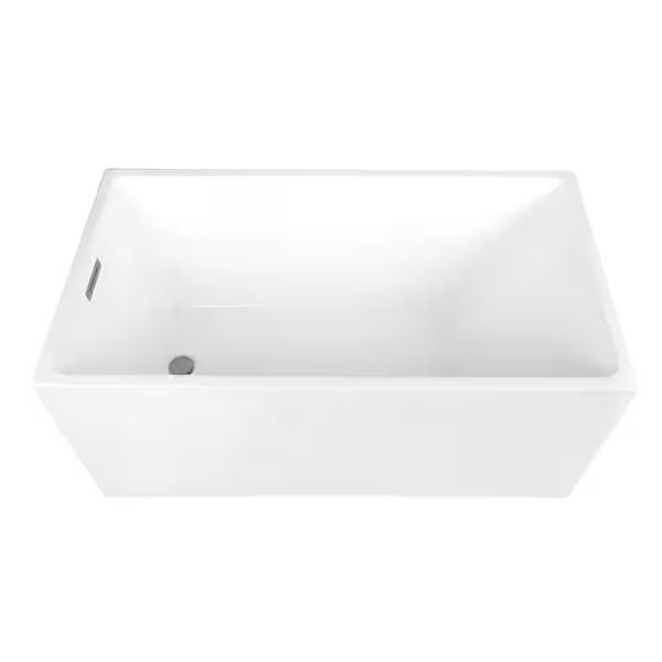 Acrylic Flatbottom Soaking Freestanding Bathtub in Glossy White/Brushed Nickel with Drain