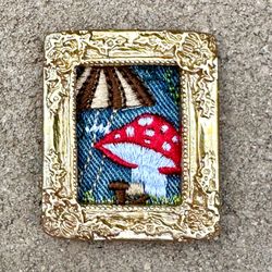 🍄 Darling mini miniature embroidered mushroom art in ornate gold frame