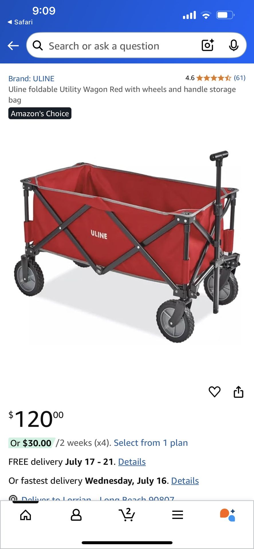 ULINE Foldable Utility Wagon Red with Wheels and Handle Storage Bag (36x19x22)