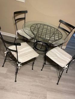 Round Glass Top Iron Dining Table Set with 4 Chairs
