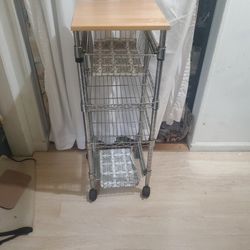 Sturdy Rolling Metal Cart On Wheels With 2 Drawers and Wood Top (13” S & 38” tall)