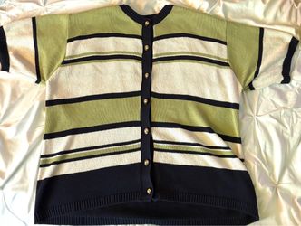 Alfred Dunner XL Short Sleeve Striped Cardigan – Green/White/Black Knit with Gold Buttons