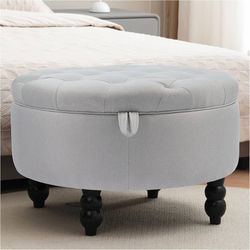 30 Inch Round Ottoman with Storage, Tufted Linen Storage Bench for Bedroom, Living Room & Entryway, Modern Upholstered Coffee Table with Wooden Black 