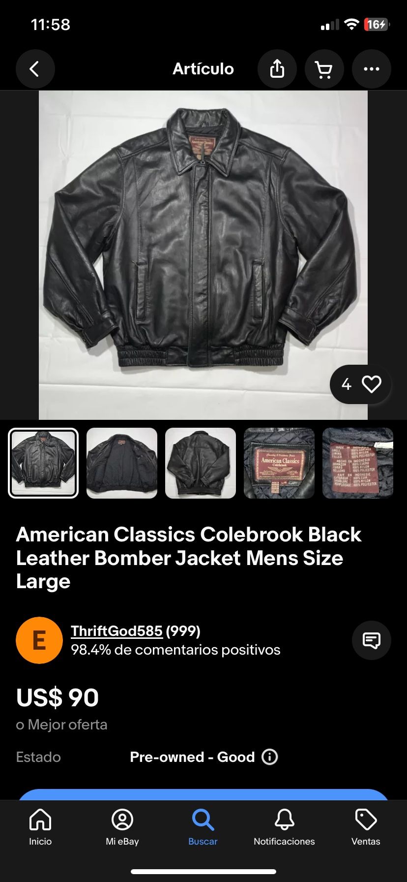 American Classics Colebrook Black Leather Bomber Jacket Mens Size Large 90s