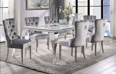 Brand New White, Chrome & Grey 7pc Formal Dining Table Set