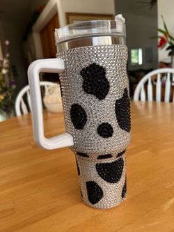 Rhinestone Cow - Print Tumbler 40 oz  Stainless Double - Wall Insulation, Handle & Lid.