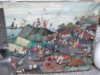 Rare Paint Made On Animal Skin- Latinamerican Town Scene 19" x 21" signed