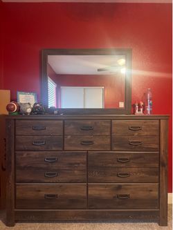 Rustic Dark Brown Bedroom Set – Dresser, Mirror, Nightstand & Queen Bed Frame