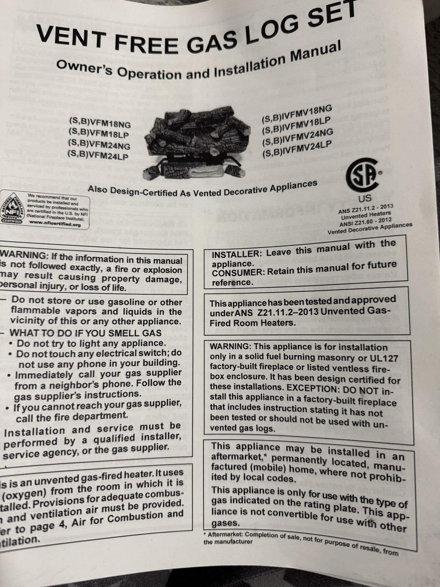 Vent Free Gas Log Set