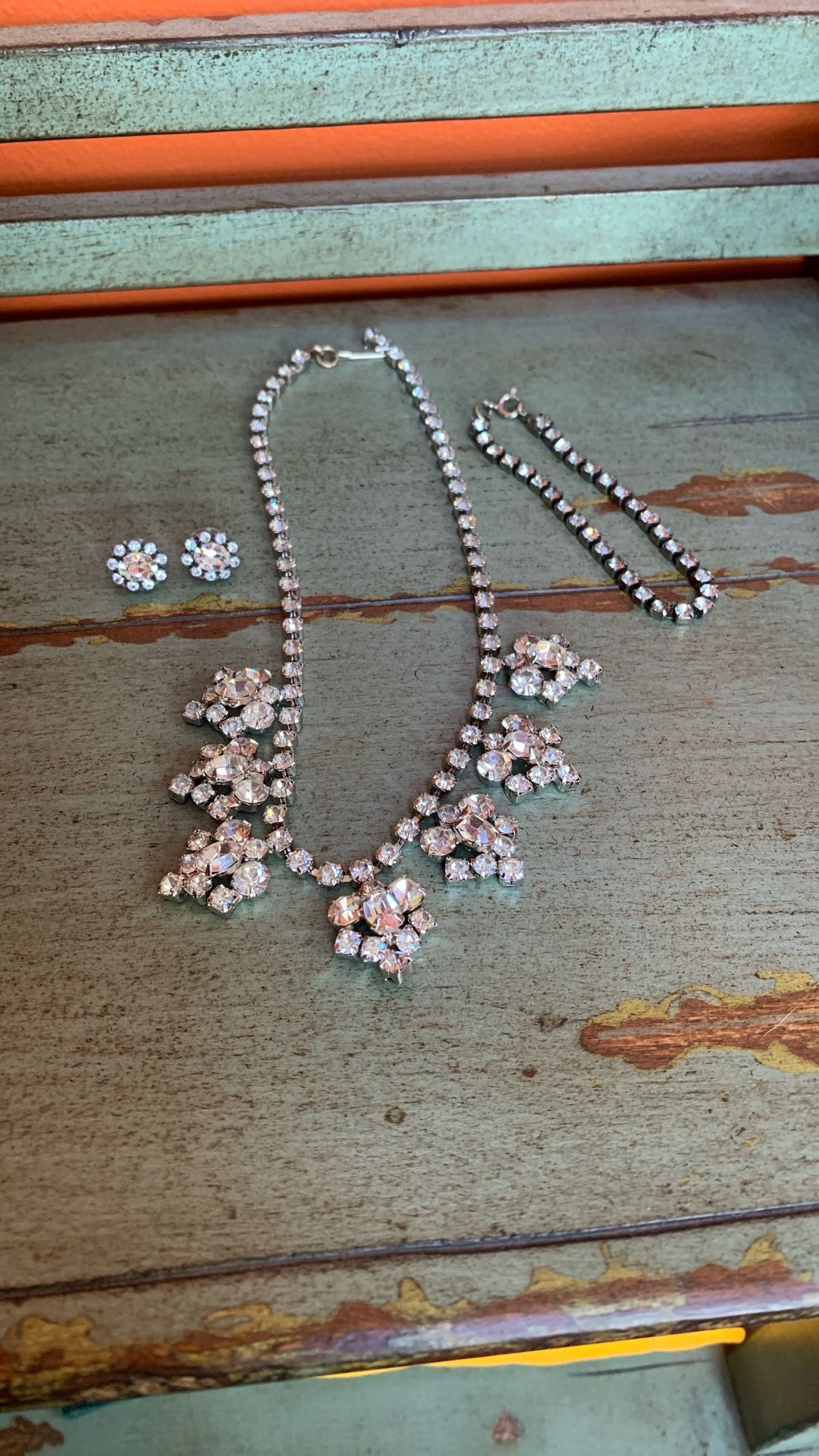 Vintage Rhinestone Necklace Bracelet Earrings Set