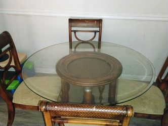 Wood Table, Highchairs, and Entertainment Stand