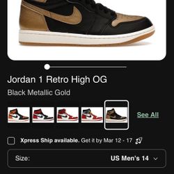 Jordan 1 Retro High OG Black Metallic Gold Size 14m