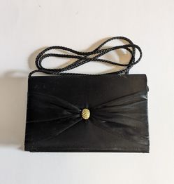 Clutch Wallet Evening Bag Black Snap Closure Cross Body Braided Strap Rhinestone Center