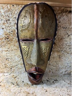 Vintage African Brass Overlay Wood Mask Cowrie Shell Wall Art  18 1/8” x 9 3/8” Ghana