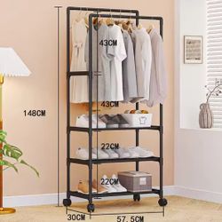 Clothes Rack Standing Wheels Double Pole Storage Easy To Install Coat Rack Hall Furniture Bedroom High-capacity Storage Shelves