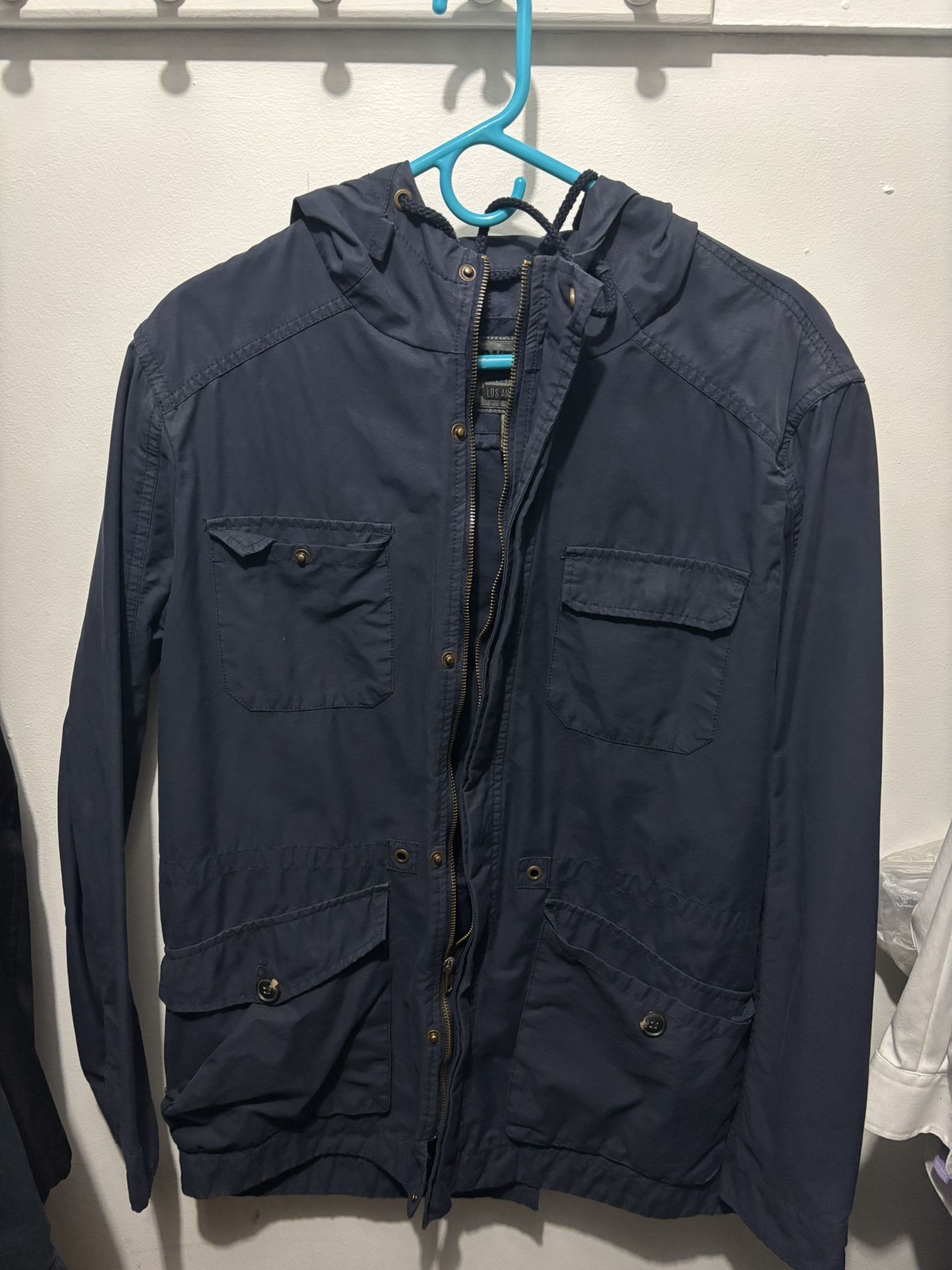 Forever 21 Jacket Mens L Darn Navy Blue Chore Barn Field Coat Military Hood