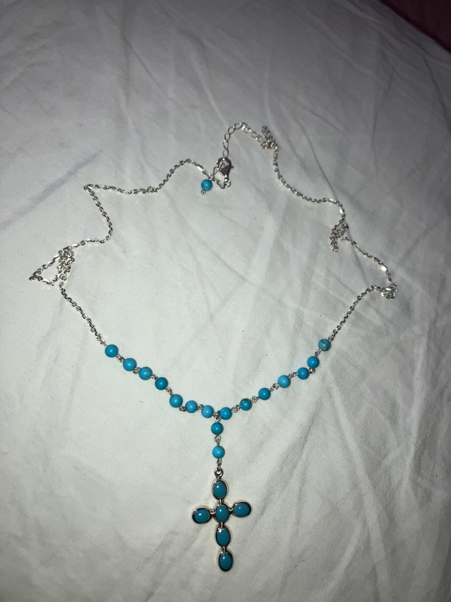 Sterling Silver Turquoise Cross Rosary Bead Necklace