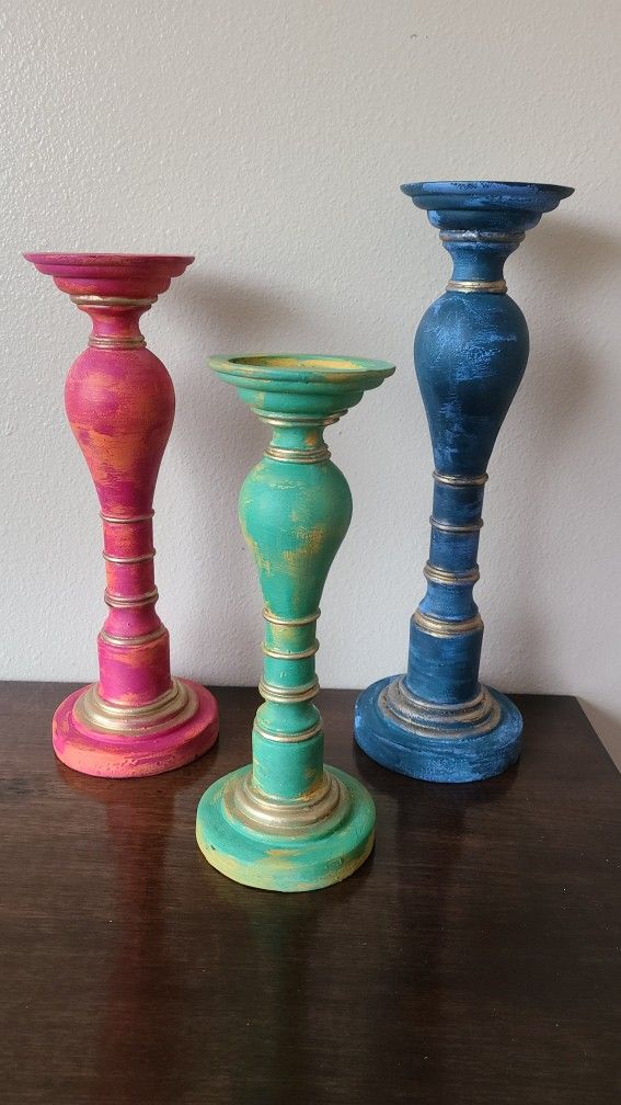 Refinished Boho Maximalist Style Painted Pillar Candle Holders