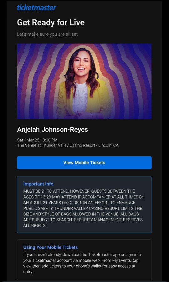 (2) Tickets to comedian Anjelah Johnson-Reyes 25 March