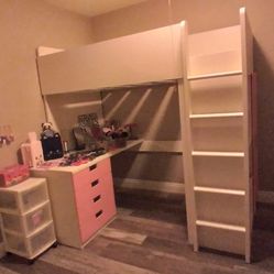 White and pink Bunk/Desk Combo with lots of storage mattress included
