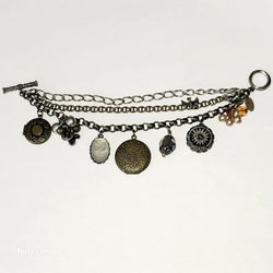 Vintage Miriam Haskell 3 Chain Charm Bracelet Cameo Roses Birds Lockets Signed