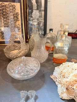 Vintage glassware at and doily lot