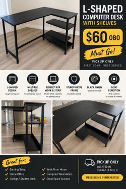 Black L-Shaped Computer Desk – Shelves & Storage