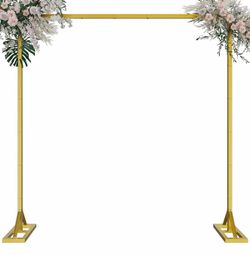 (D-36) 8.2FT Backdrop Stand, Square Wedding Arch & Balloon Stand, Gold Sturdy Metal Construction,Party Decorations for C