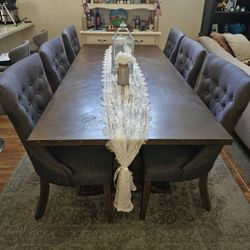 Rustic Dining Table Set 6 Tufted Gray Chairs