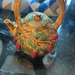 Vintage Japanese Majolica Pottery Teapot – Fruit & Leaf Design with Bamboo Handle