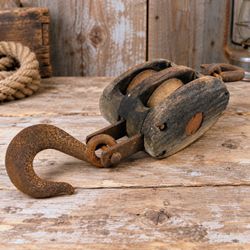 Antique Wooden Double Pulley Block 19" Iron Hooks Nautical Industrial Decor