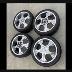 4 —- 205/45zr17 4x100 4x3.94 4x114.3 4x4.5 Chrome Rims Wheels With Good 80% Treads Tires!!