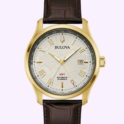 Bulova Classic Wilton GMT Automatic Brown Leather Strap Watch | 43mm Mens