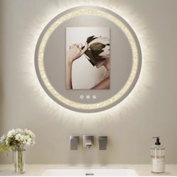 BesMirror 24" Round LED Mirror for Bathroom Crushed Diamond, Front Lighted Bathroom Mirror, Anti-Fog LED Bathroom Vanity Mirror with Lights, Dimmable,
